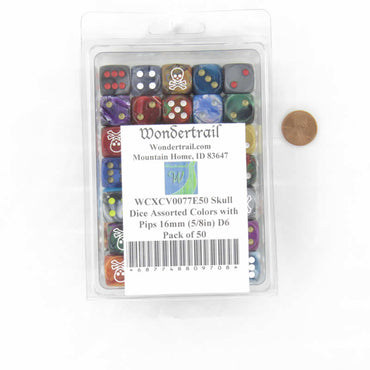 WCXCV0077E50 Skull and Crossbones Dice Assorted Colors with Pips 16mm D6 Pack of 50 (ONLINE ORDER ONLY)