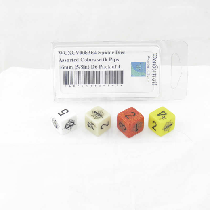 WCXCV0083E4 Spider Dice Assorted Colors with Pips 16mm (5/8in) D6 Pack of 4 (ONLINE ORDER ONLY)