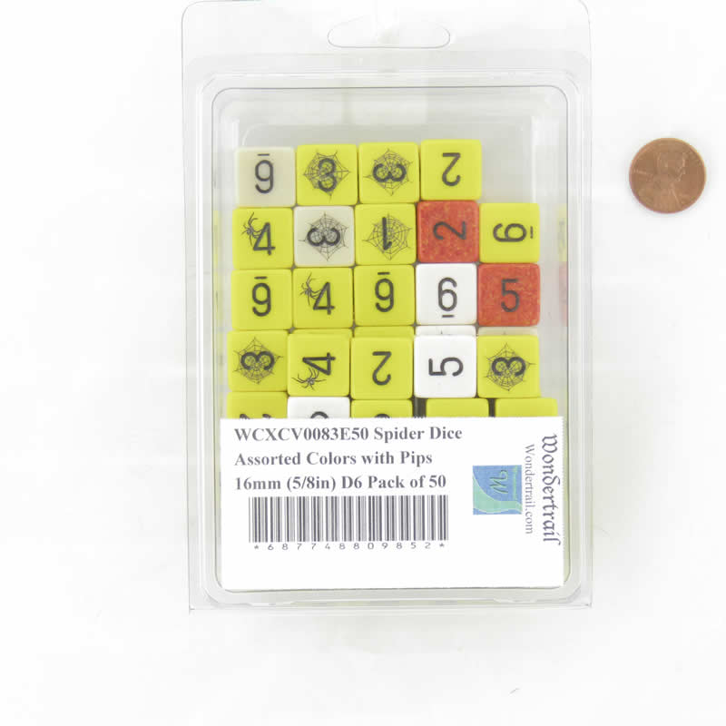 WCXCV0083E50 Spider Dice Assorted Colors with Pips 16mm (5/8in) D6 Pack of 50 (ONLINE ORDER ONLY)