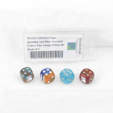 WCXCV0091E4 Nope (grumpy cat) Dice Assorted Colors Pips 16mm (5/8in) D6 Pack of 4 (ONLINE ORDER ONLY)