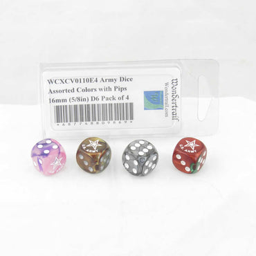 WCXCV0110E4 Army Dice Assorted Colors with Pips 16mm (5/8in) D6 Pack of 4 (ONLINE ORDER ONLY)