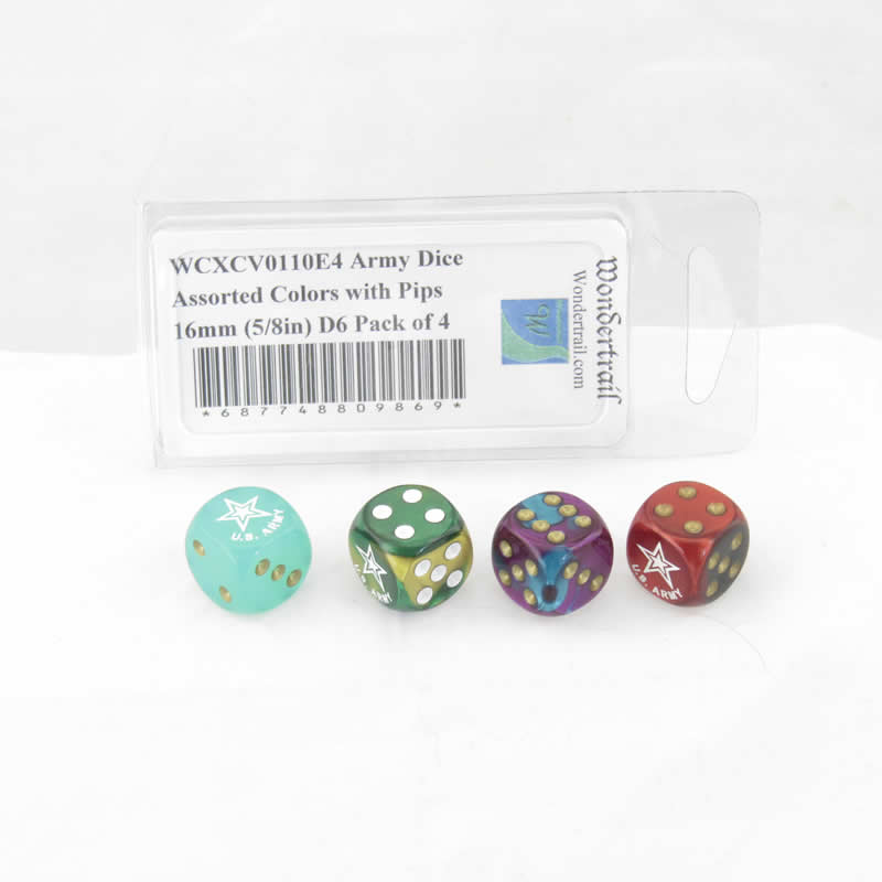 WCXCV0110E4 Army Dice Assorted Colors with Pips 16mm (5/8in) D6 Pack of 4 (ONLINE ORDER ONLY)