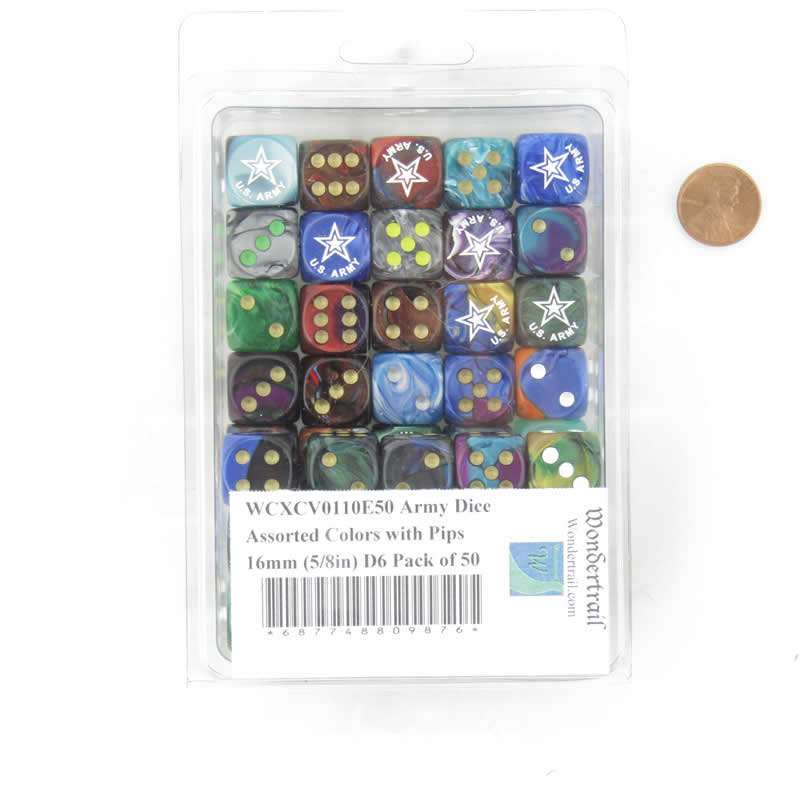WCXCV0110E50 Army Dice Assorted Colors with Pips 16mm (5/8in) D6 Pack of 50 (ONLINE ORDER ONLY)