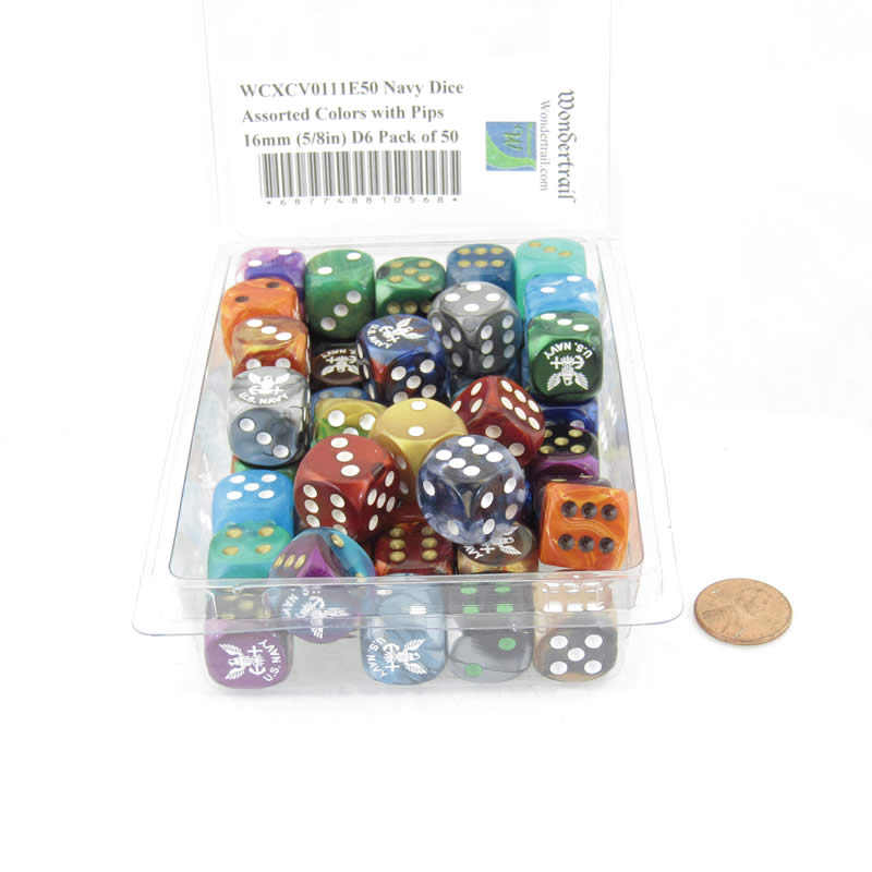 WCXCV0111E50 Navy Dice Assorted Colors with Pips 16mm (5/8in) D6 Pack of 50 (ONLINE ORDER ONLY)