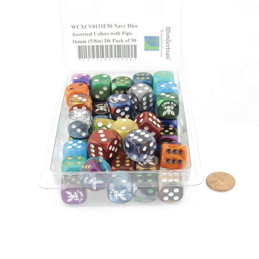 WCXCV0111E50 Navy Dice Assorted Colors with Pips 16mm (5/8in) D6 Pack of 50 (ONLINE ORDER ONLY)