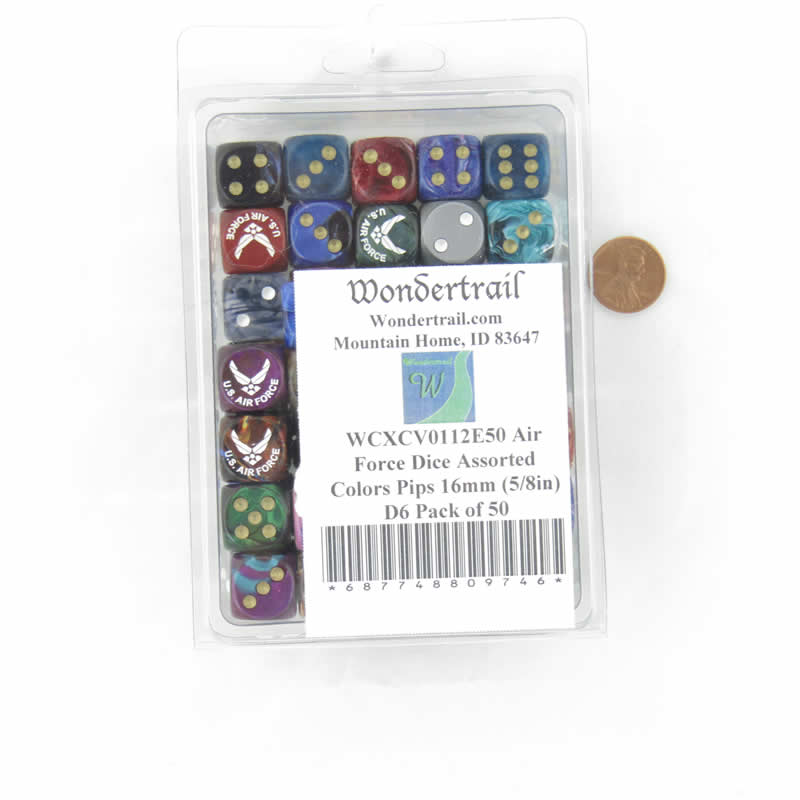 WCXCV0112E50 Air Force Dice Assorted Colors Pips 16mm (5/8in) D6 Pack of 50 (ONLINE ORDER ONLY)