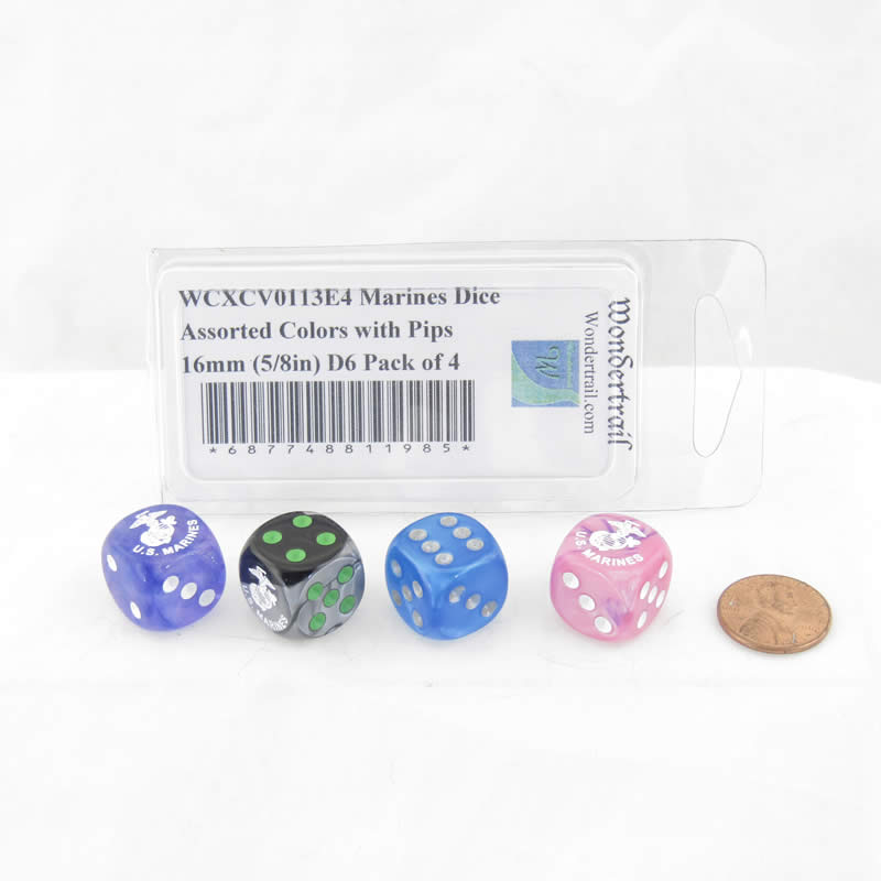 WCXCV0113E4 Marines Dice Assorted Colors with Pips 16mm (5/8in) D6 Pack of 4 (ONLINE ORDER ONLY)