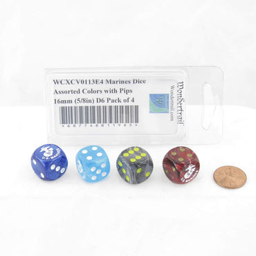 WCXCV0113E4 Marines Dice Assorted Colors with Pips 16mm (5/8in) D6 Pack of 4 (ONLINE ORDER ONLY)