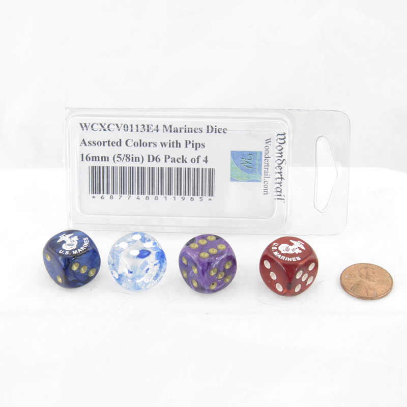 WCXCV0113E4 Marines Dice Assorted Colors with Pips 16mm (5/8in) D6 Pack of 4 (ONLINE ORDER ONLY)