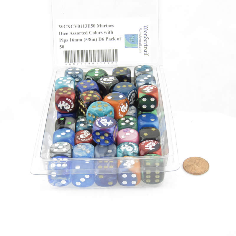 WCXCV0113E50 Marines Dice Assorted Colors with Pips 16mm (5/8in) D6 Pack of 50 (ONLINE ORDER ONLY)