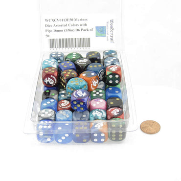 WCXCV0113E50 Marines Dice Assorted Colors with Pips 16mm (5/8in) D6 Pack of 50 (ONLINE ORDER ONLY)