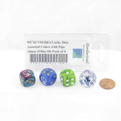WCXCV0120E4 Lucky Dice Assorted Colors with Pips 16mm (5/8in) D6 Pack of 4 (ONLINE ORDER ONLY)