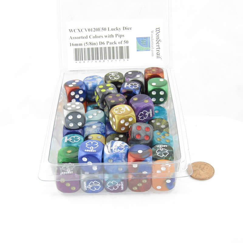 WCXCV0120E50 Lucky Dice Assorted Colors with Pips 16mm (5/8in) D6 Pack of 50 (ONLINE ORDER ONLY)