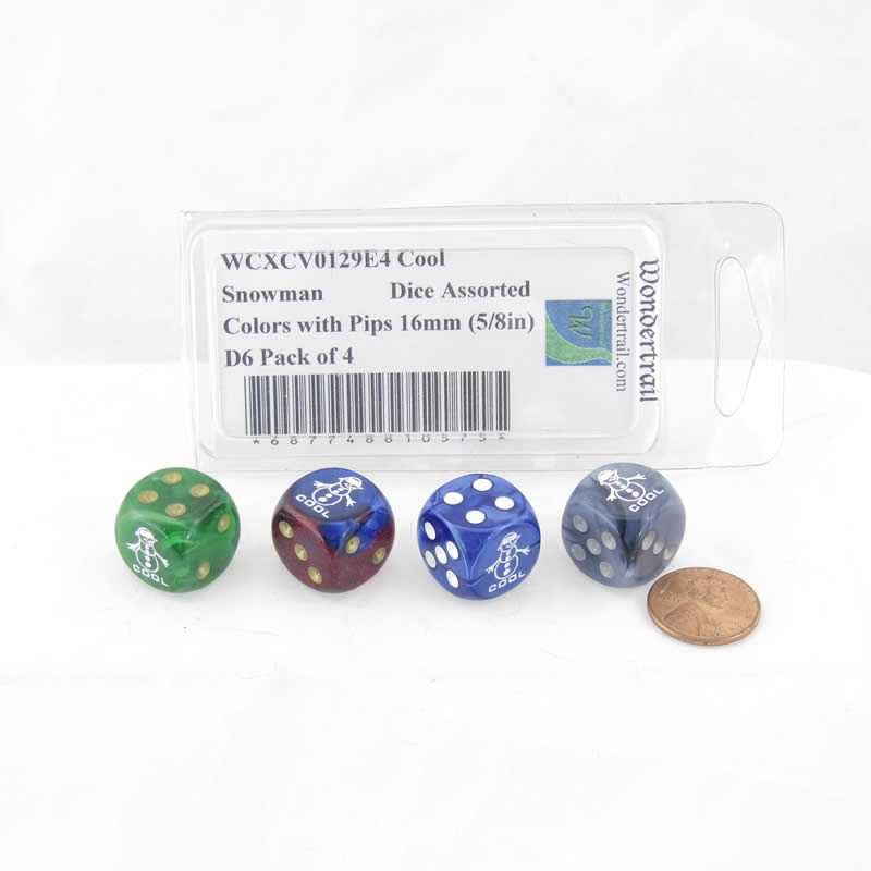 WCXCV0129E4 Cool Snowman Dice Assorted Colors with Pips 16mm (5/8in) D6 Pack of 4 (ONLINE ORDER ONLY)