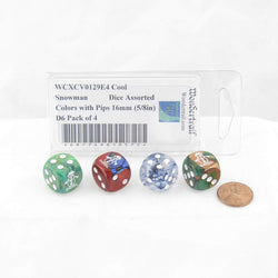 WCXCV0129E4 Cool Snowman Dice Assorted Colors with Pips 16mm (5/8in) D6 Pack of 4 (ONLINE ORDER ONLY)