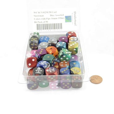WCXCV0129E50 Cool Snowman Dice Assorted Colors with Pips 16mm (5/8in) D6 Pack of 50 (ONLINE ORDER ONLY)