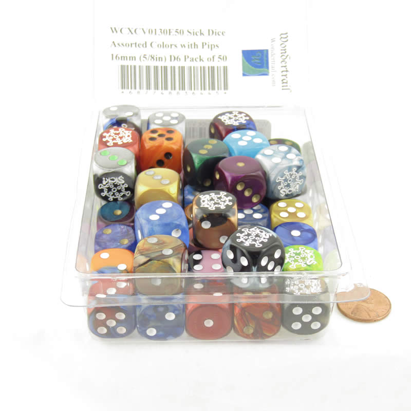WCXCV0130E50 Sick Dice Assorted Colors with Pips 16mm (5/8in) D6 Pack of 50 (ONLINE ORDER ONLY)