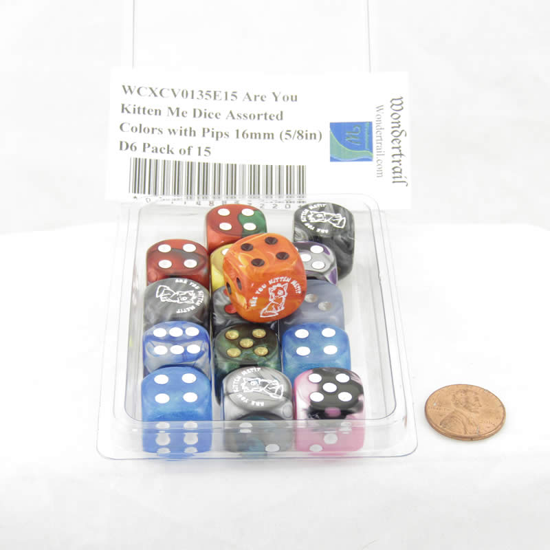 WCXCV0135E15 Are You Kitten Me Dice Assorted Colors with Pips 16mm (5/8in) D6 Pack of 15 (ONLINE ORDER ONLY)