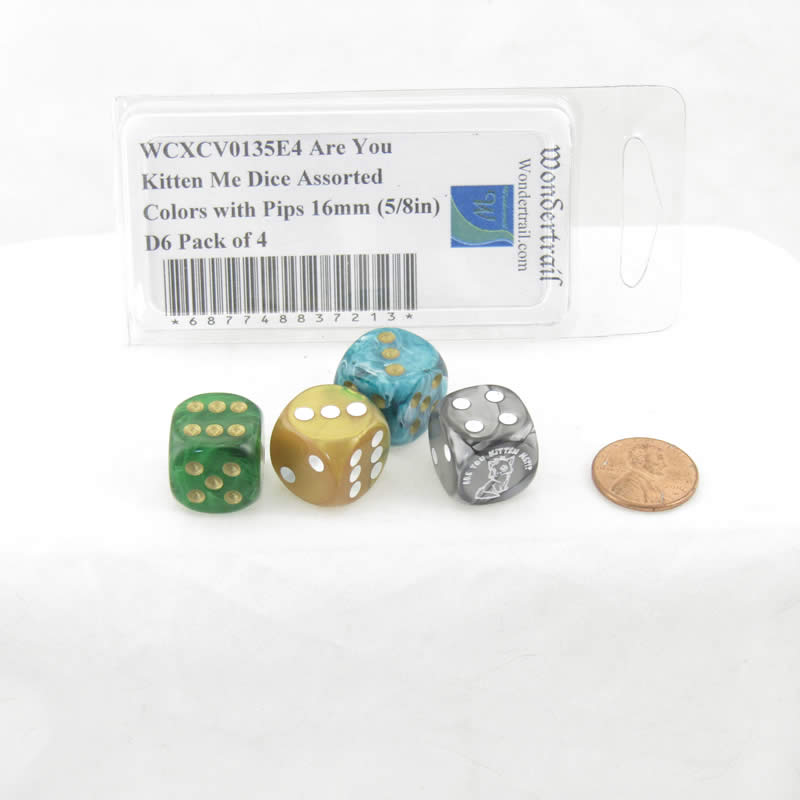 WCXCV0135E4 Are You Kitten Me Dice Assorted Colors with Pips 16mm (5/8in) D6 Pack of 4 (ONLINE ORDER ONLY)