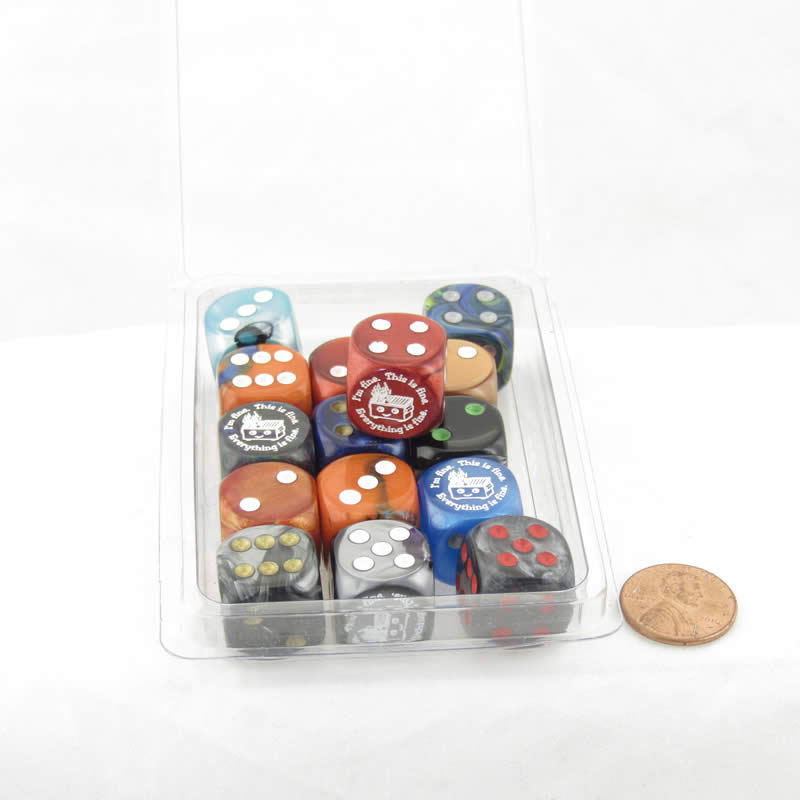 WCXCV0136E15 Dumpster Fire Dice Assorted Colors with Pips 16mm (5/8in) D6 Pack of 15 (ONLINE ORDER ONLY)