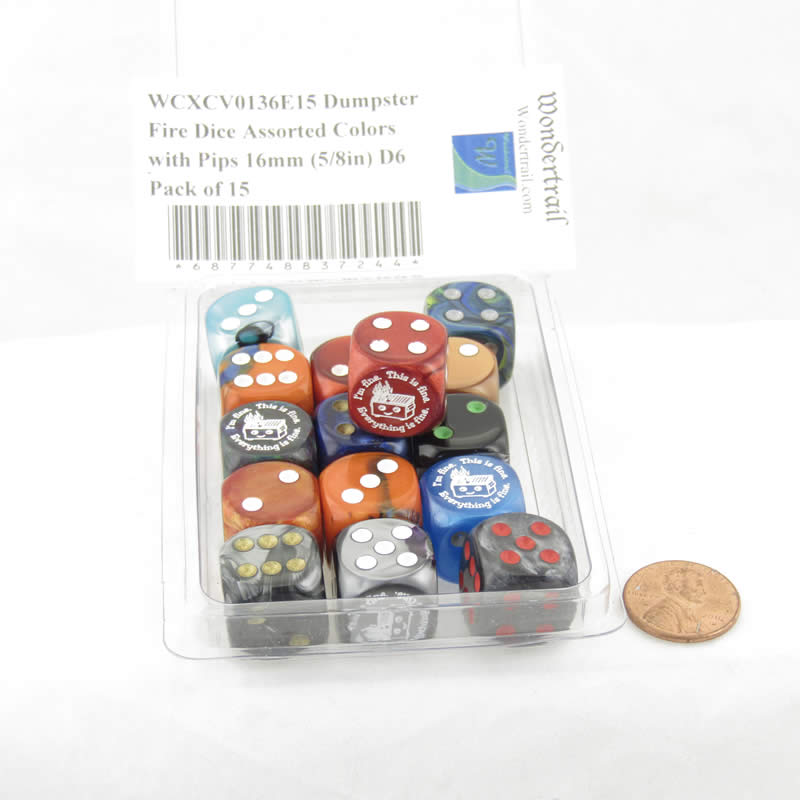 WCXCV0136E15 Dumpster Fire Dice Assorted Colors with Pips 16mm (5/8in) D6 Pack of 15 (ONLINE ORDER ONLY)