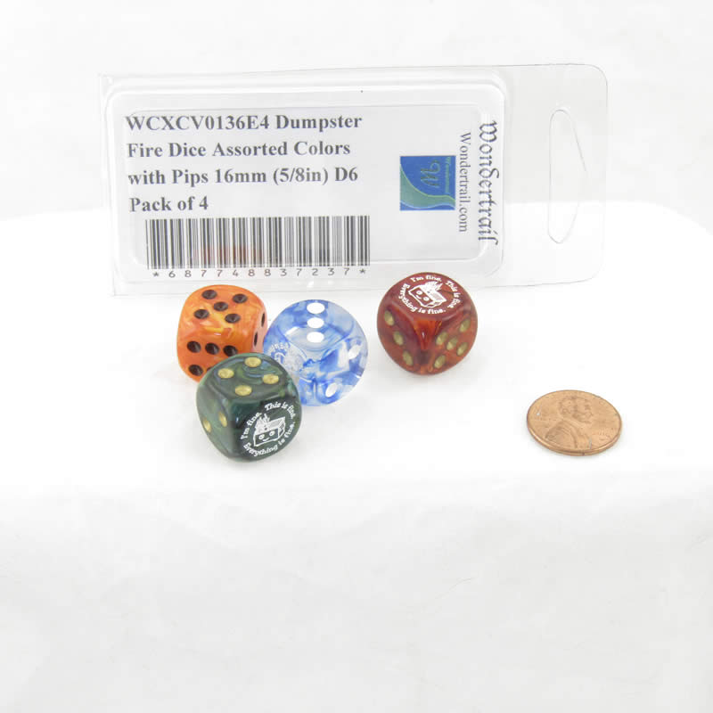 WCXCV0136E4 Dumpster Fire Dice Assorted Colors with Pips 16mm (5/8in) D6 Pack of 4 (ONLINE ORDER ONLY)
