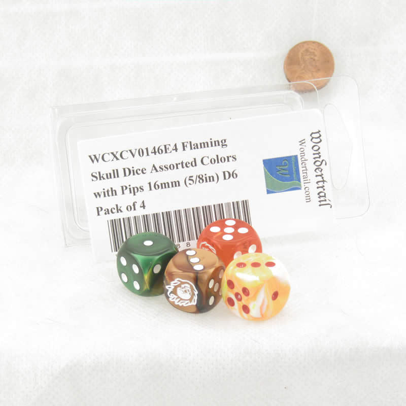 WCXCV0146E4 Flaming Skull Dice Assorted Colors with Pips 16mm (5/8in) D6 Pack of 4 (ONLINE ORDER ONLY)