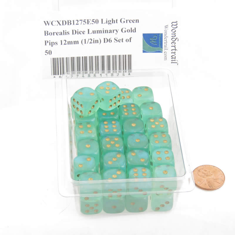 WCXDB1275E50 Light Green Borealis Dice Luminary Gold Pips 12mm (1/2in) D6 Set of 50 (ONLINE ORDER ONLY)