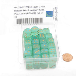 WCXDB1275E50 Light Green Borealis Dice Luminary Gold Pips 12mm (1/2in) D6 Set of 50 (ONLINE ORDER ONLY)