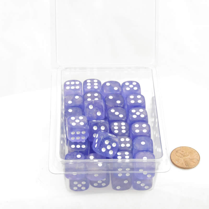 WCXDB1277E50 Purple Borealis Dice Luminary White Pips 12mm (1/2in) D6 Set of 50 (ONLINE ORDER ONLY)