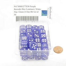 WCXDB1277E50 Purple Borealis Dice Luminary White Pips 12mm (1/2in) D6 Set of 50 (ONLINE ORDER ONLY)