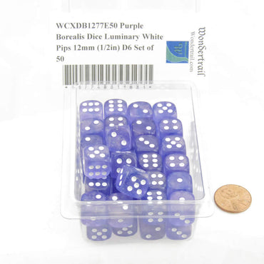 WCXDB1277E50 Purple Borealis Dice Luminary White Pips 12mm (1/2in) D6 Set of 50 (ONLINE ORDER ONLY)