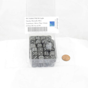 WCXDB1278E50 Light Smoke Borealis Dice Luminary Silver Pips 12mm (1/2in) D6 Set of 50 (ONLINE ORDER ONLY)