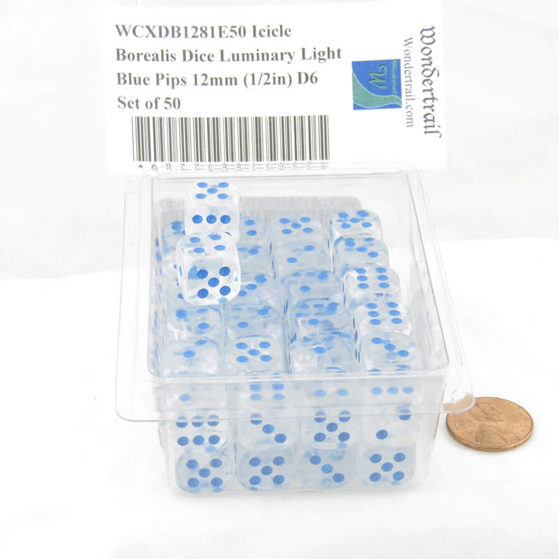 WCXDB1281E50 Icicle Borealis Dice Luminary Light Blue Pips 12mm (1/2in) D6 Set of 50 (ONLINE ORDER ONLY)