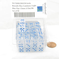 WCXDB1281E50 Icicle Borealis Dice Luminary Light Blue Pips 12mm (1/2in) D6 Set of 50 (ONLINE ORDER ONLY)