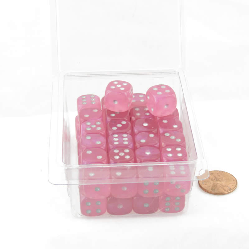WCXDB1284E50 Pink Borealis Dice Luminary with Silver Pips 12mm (1/2in) D6 Set of 50 (ONLINE ORDER ONLY)