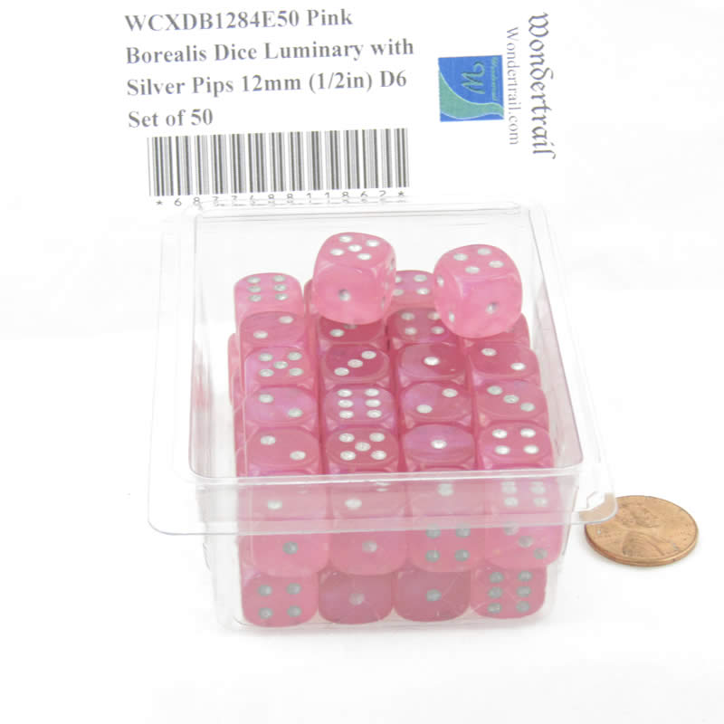 WCXDB1284E50 Pink Borealis Dice Luminary with Silver Pips 12mm (1/2in) D6 Set of 50 (ONLINE ORDER ONLY)