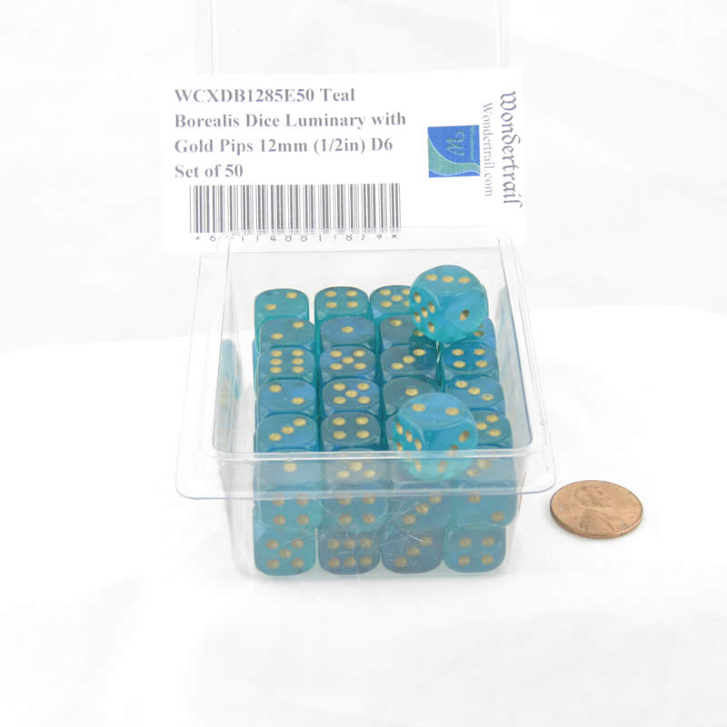 WCXDB1285E50 Teal Borealis Dice Luminary with Gold Pips 12mm (1/2in) D6 Set of 50 (ONLINE ORDER ONLY)