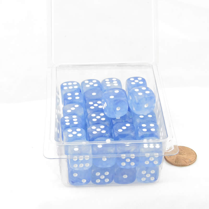 WCXDB1286E50 Sky Blue Borealis Dice Luminary White Pips 12mm (1/2in) D6 Set of 50 (ONLINE ORDER ONLY)
