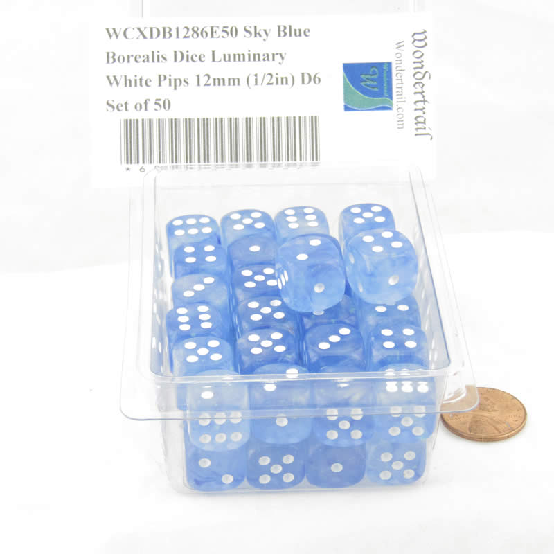 WCXDB1286E50 Sky Blue Borealis Dice Luminary White Pips 12mm (1/2in) D6 Set of 50 (ONLINE ORDER ONLY)