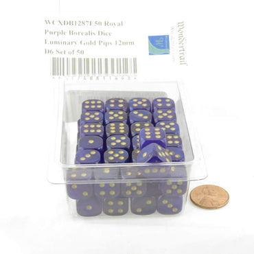 WCXDB1287E50 Royal Purple Borealis Dice Luminary Gold Pips 12mm D6 Set of 50 (ONLINE ORDER ONLY)