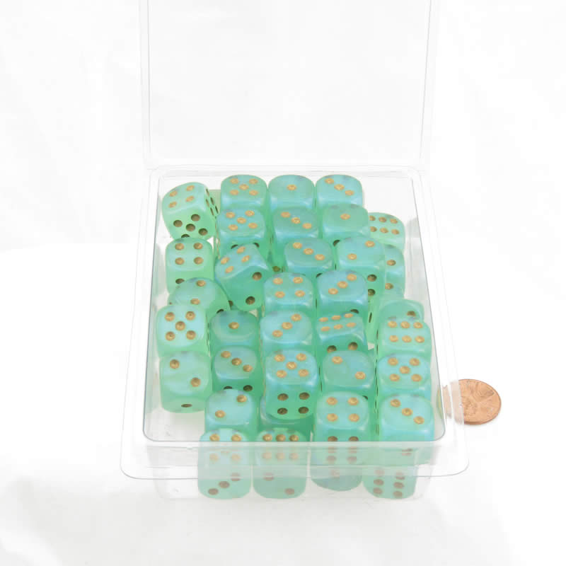 WCXDB1675E50 Light Green Borealis Dice Luminary Gold Pips 16mm D6 Set of 50 (ONLINE ORDER ONLY)