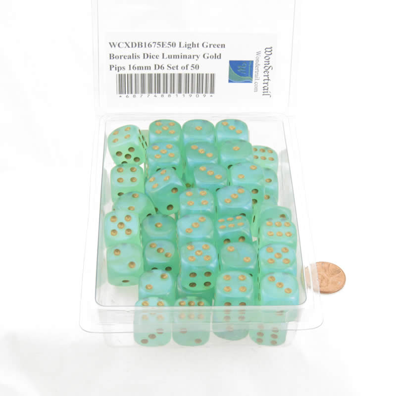 WCXDB1675E50 Light Green Borealis Dice Luminary Gold Pips 16mm D6 Set of 50 (ONLINE ORDER ONLY)