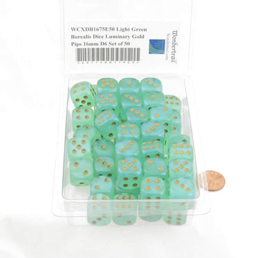 WCXDB1675E50 Light Green Borealis Dice Luminary Gold Pips 16mm D6 Set of 50 (ONLINE ORDER ONLY)