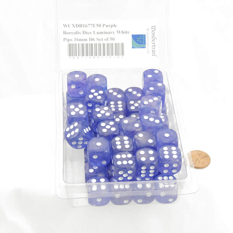 WCXDB1677E50 Purple Borealis Dice Luminary White Pips 16mm D6 Set of 50 (ONLINE ORDER ONLY)