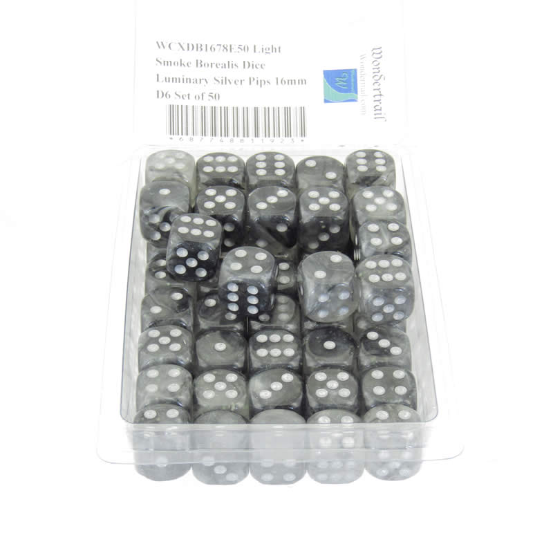 WCXDB1678E50 Light Smoke Borealis Dice Luminary Silver Pips 16mm D6 Set of 50 (ONLINE ORDER ONLY)