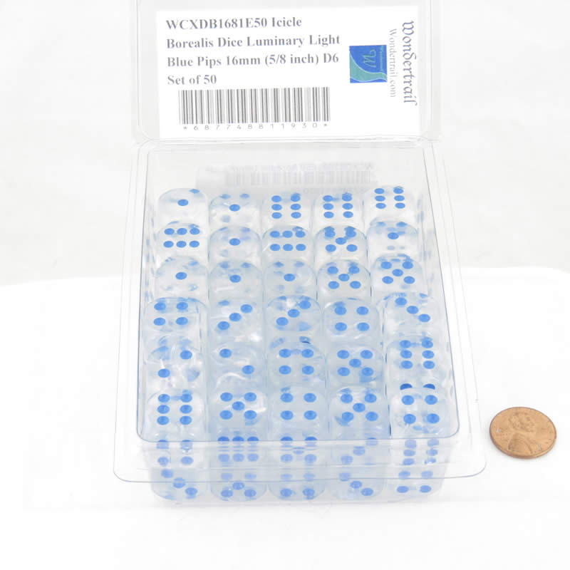 WCXDB1681E50 Icicle Borealis Dice Luminary Light Blue Pips 16mm (5/8 inch) D6 Set of 50 (ONLINE ORDER ONLY)