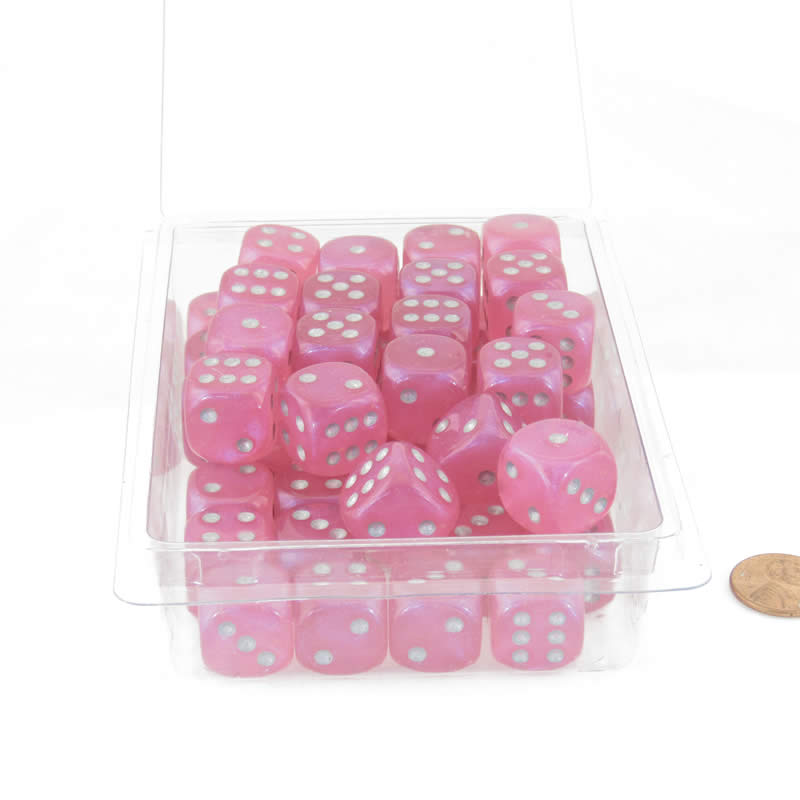 WCXDB1684E50 Pink Borealis Dice Luminary Silver Pips 16mm (5/8 inch) D6 Set of 50 (ONLINE ORDER ONLY)