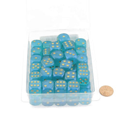 WCXDB1685E50 Teal Borealis Dice Luminary Gold Pips 16mm (5/8 inch) D6 Set of 50 (ONLINE ORDER ONLY)