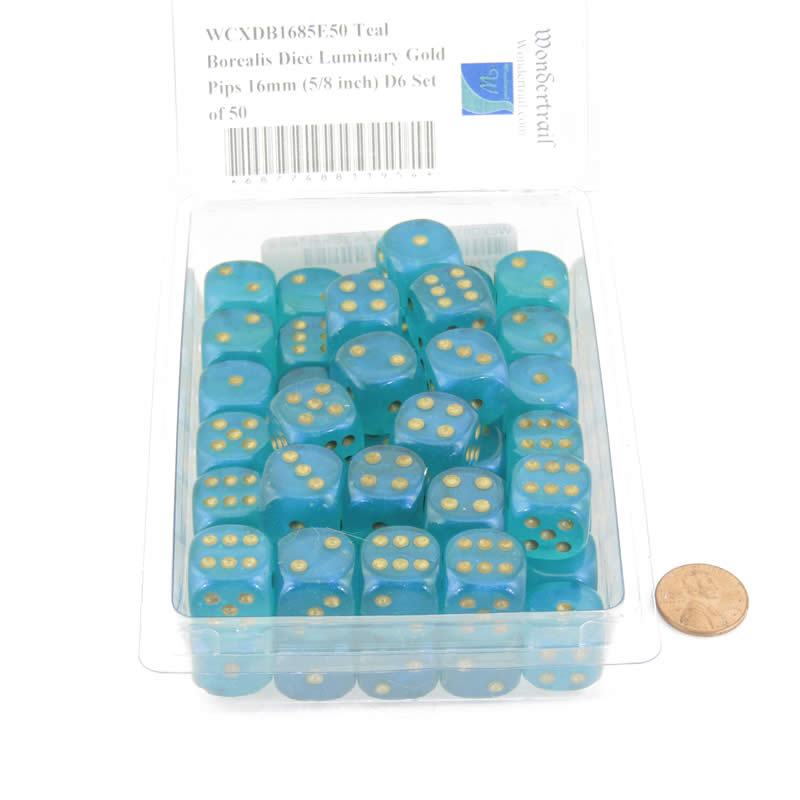 WCXDB1685E50 Teal Borealis Dice Luminary Gold Pips 16mm (5/8 inch) D6 Set of 50 (ONLINE ORDER ONLY)